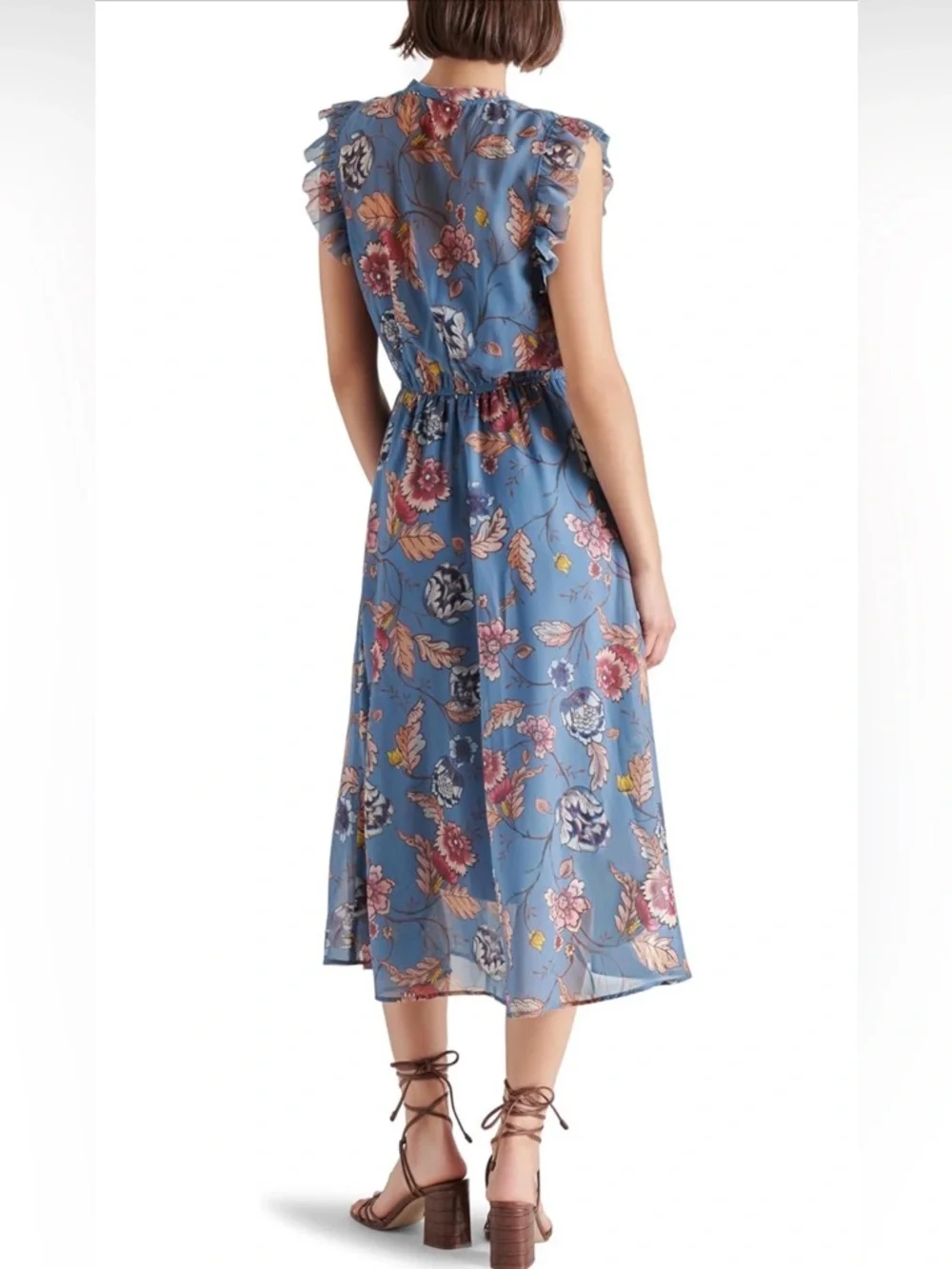 NWOT Steve Madden Allegra Blue Floral Ruffle Midi Dress Sz L Never Worn - Picture 2 of 3